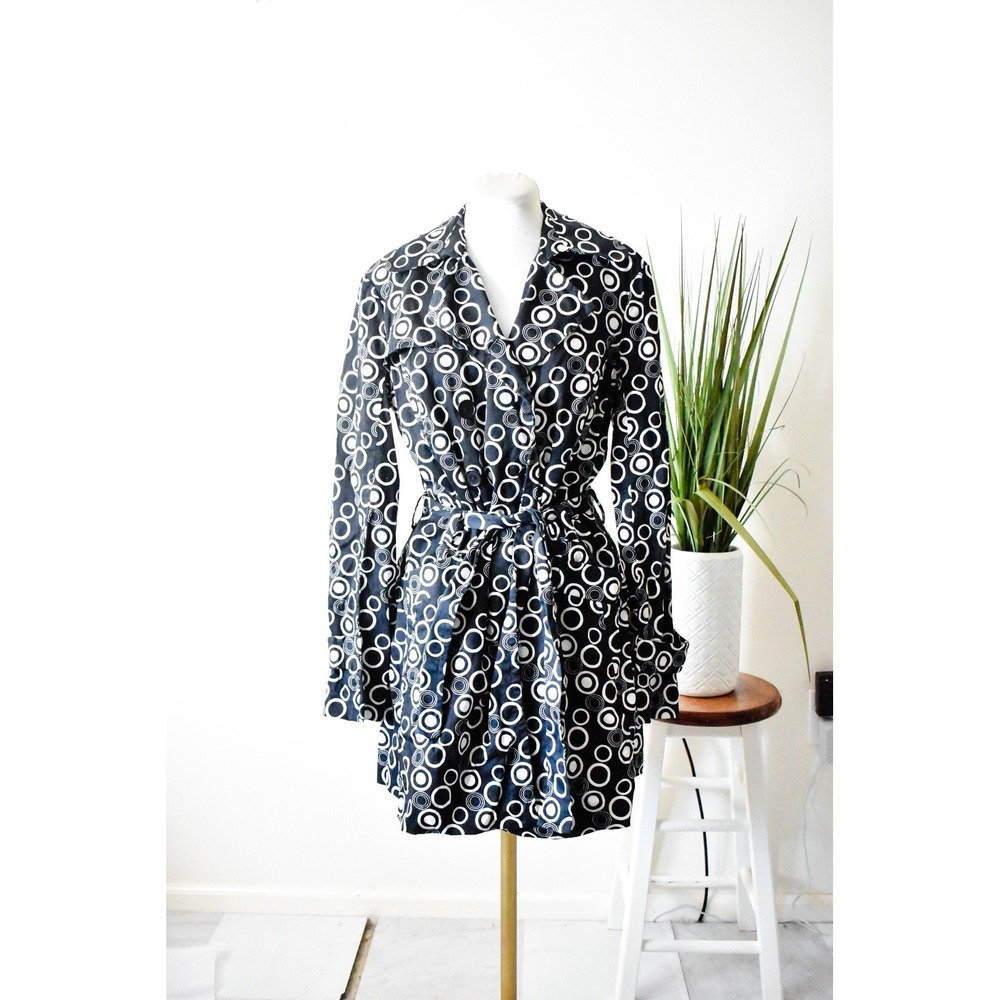 IZ Byer California Trench Coat Women Large Black White Retro Circle Print Belted